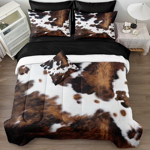 Bedbay Cow Print Comforter Set King Size Animal Skin Bedding 8 Pcs King Bed in a Bag Western Cowhide Rustic Bedding Brown Milk Cow Print Bed Set for All Seasons(Brown,King) Bedbay