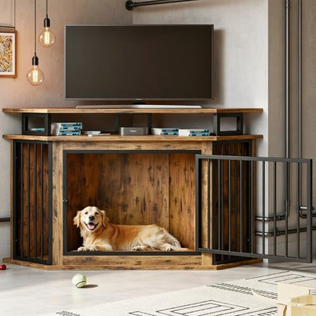 IRONCK 51" Corner Wooden Dog Crate Furniture with 2-Tier Shelves, Pet Kennel for Large Dogs, Space-Saving Dog Cage for TV Stand, Rustic Brown (26.7" L x 51.2" W x 33.5" H) IRONCK