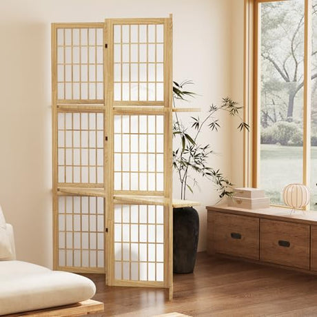 5.6FT Room Divider and Folding Portable Partition Screen, Chinese Japanese Shoji Style with Three Display Shelves for Room Separation - 4 Panel (Natural) Svimi