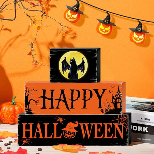 Halloween Black Cat Wooden Table Signs 3 Layered, Happy Halloween Sign Decorations, Spooky Wooden Ornaments Rustic Wooden Blocks Tabletop Decor for Home Tiered Tray Table Shelf Decor CIOEY