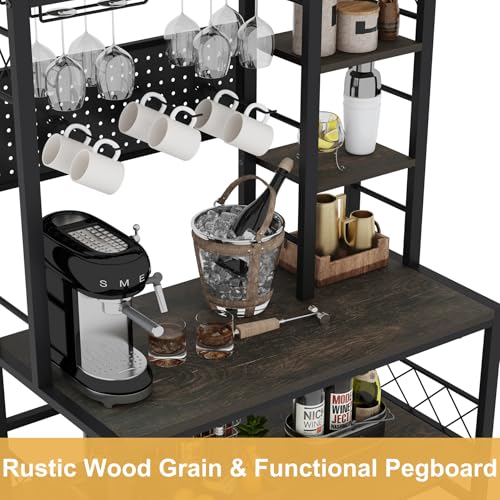 Aubtik Wine Rack Freestanding Floor, Liquor Bar Cabinet with Storage, Coffee Bar Table with Glass Holder，Bakers Stand for Home, 33.5" Wide (Walnut Brown)