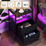 HONGOUZWL Night Stand with Charging Station, LED Nightstand with Storage 2 Shelfs & 2 Fabric Drawers, Morden End Table with U-S-B Ports & AC Outlets, Black HONGOUZWL