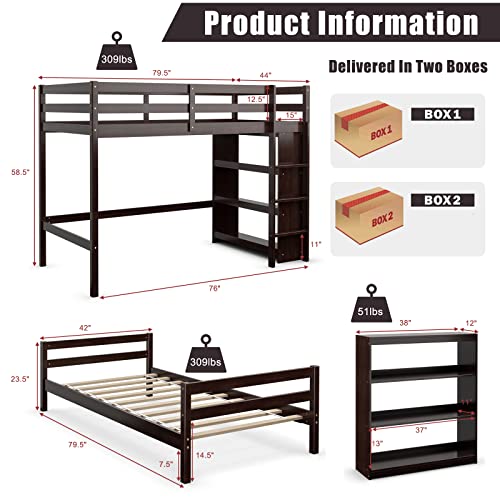 Giantex Twin Over Twin Bunk Bed, Wood L-Shaped Bunk Beds with Storage Bookshelf, Bunk Bed Frame with Guardrails and Ladder for Kids Boys Girls Teens Adults, Can be Convertible into 2 Beds, Espresso Giantex