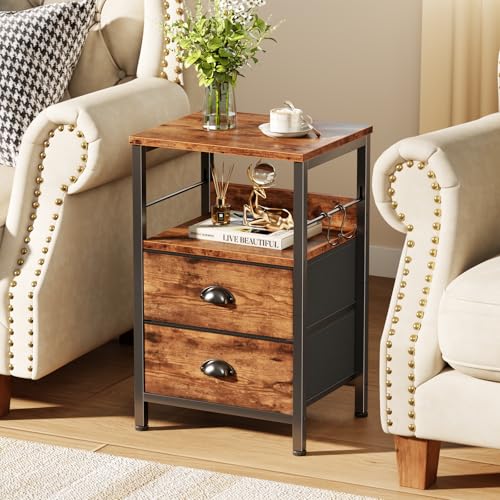 Furologee Nightstand with 2 Fabric Drawers, Night Stand with 2-Tier Shelf, Bedside Table with Hooks, Open Wooden Shelf, End Table for Bedroom, Backboard Design, Metal Frame, Rustic Brown Furologee