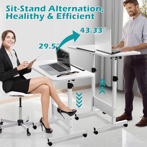 ZHIDIAN Tiltable Foldable Standing Desk Adjustable Height, Portable Computer Desk with Wheels, Mobile Sit Stand Small Rolling Laptop Table for Walking Pad, Bike Trainer, White ZHIDIAN