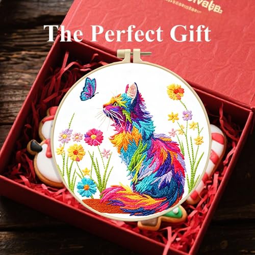 Zhenqing Rainbow Cat and Butterfly Embroidery Kit for Beginners, Whimsical Colorful Cat Design on Pre-Printed 29x29cm Circular Cotton Fabric with 20cm Hoop (C0209)