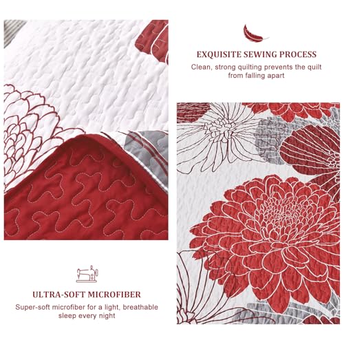 King Quilt Sets Red Floral Pattern Quilt Bedding Set, 3 Pieces Botanical Quilt Soft Microfiber Bedspread Coverlet Set, Boho Bed Cover Bedding Set for All Season(104" x 90) Anibedding