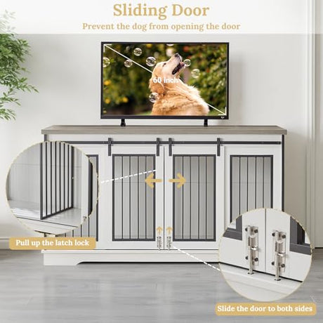 Rovibek 60inch Double Dog Crate Furniture, Wooden Dog Kennel Furniture TV Stand for 2 Dogs with Divider, Large Medium Small Dogs Indoor White Rovibek