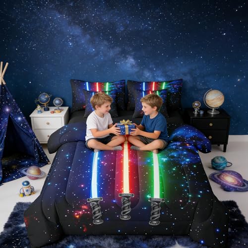 Feelyou 3D Galaxy Lightsaber Comforter Set with Sheets Green Blue Red Lightsaber 7 Piece Bedding Set Full Size for Kids Boys Girls Bedroom Bed Decor Lightsaber Bed in a Bag Neon Lightsaber Bed Set Feelyou