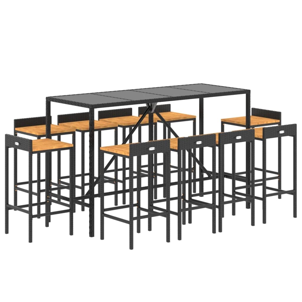MINERWALL 11-Piece Black Poly Rattan Patio Bar Set with Solid Acacia Wood Seats MINERWALL