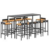 MINERWALL 11-Piece Black Poly Rattan Patio Bar Set with Solid Acacia Wood Seats MINERWALL