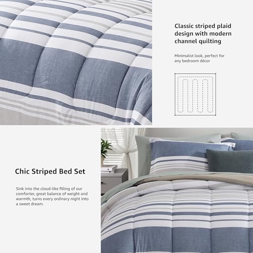 Monbix Full Size Comforter Set - 7 Pieces Bed in a Bag Full, Ocean Blue-Stripe Bedding Sets, All Seasons Comforter Bed Set with Sheets, Pillowcases & Shams Monbix