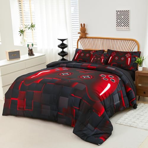 PERFEMET 6-Piece Boys Comforter Set Full Size Game Console Bedding Set for Kids Teen 3D Black and Red Gamepad Gaming Bed in a Bag Matching Sheet Set(Red, Full) PERFEMET
