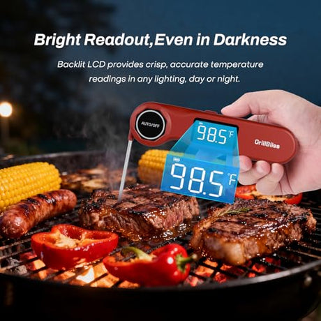 Instant Read Meat Thermometer, GrillBliss USB-C Rechargeable Digital Food Thermometer with 0.5s Fast Read & ±0.5℉ Accuracy, VA LCD Display, Cooking Thermometer for BBQ, Grill, Candy, Brewing GrillBliss