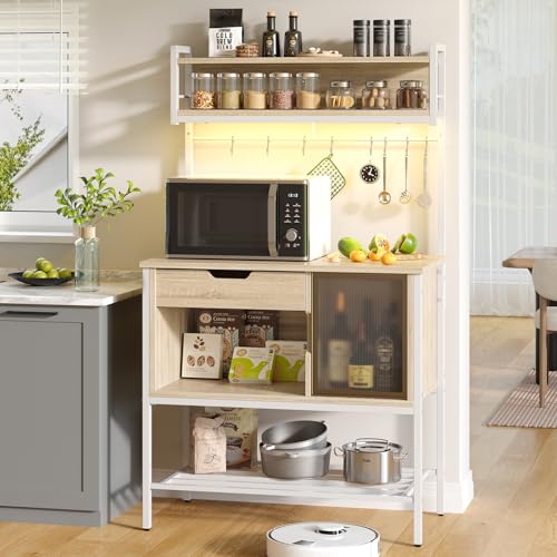 Bestier 6-Tier LED Bakers Rack with Storage & Hooks - Multifunctional Oak Stand Bestier