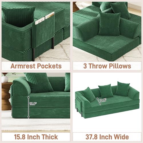 XVD 79" Boneless Sleeper Sofa Bed, Convertible Futon Couch with Pillows and Storage Pocket, Pull Out Compressed Sofa for Living Guest Room Bedroom, Green XVD