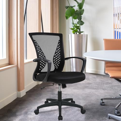 FDW Home Office Chair Mid Back PC Swivel Lumbar Support Adjustable Desk Task Computer Ergonomic Comfortable Mesh Chair with Armrest (Black) FDW