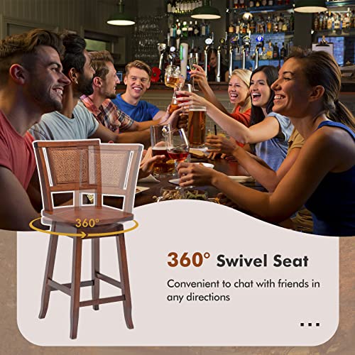 COSTWAY Bar Stools Set of 2, 24.5 Inch Counter Height Bar Stool with Rattan Back, 360°Swivel Seat, Comfortable Footrests, Rubber Wood Bar Stools for
