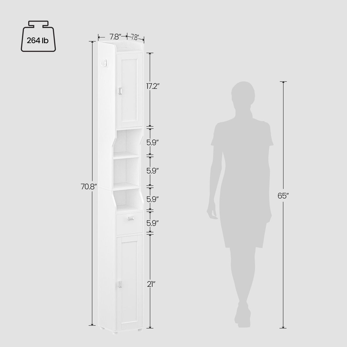 HEXCELEN Narrow White Bathroom Storage Cabinet with Doors, Drawer, and Adjustable Shelf HEXCELEN