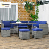 Outsunny Wicker Outdoor Patio Furniture Set, L-Shaped 7 Piece Outdoor Dining Sectional Sofa with Dining Table and Chair, Storage Loveseat, Ottomans and Cushions, Dark Blue Outsunny