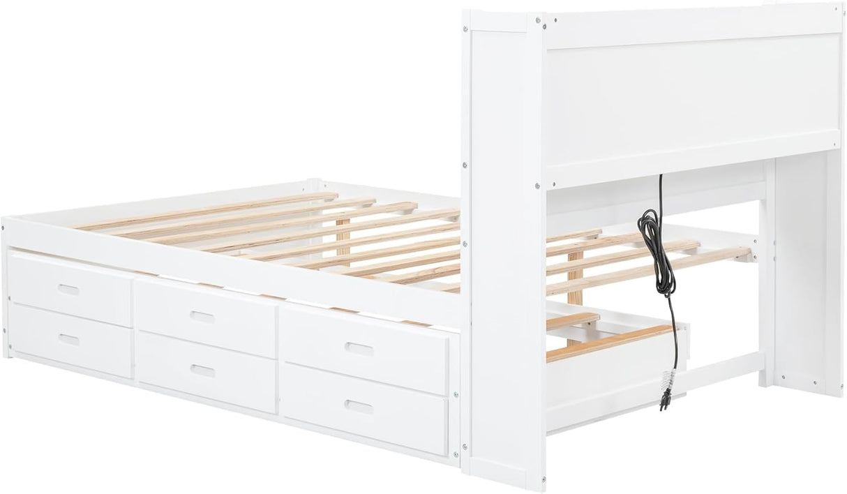 Harper & Bright Designs Full Size Bed with Bookcase Headboard, Wooden Full Size Platform Bed with Trundle and Storage Drawers,Full Storage Bed with USB Ports Outlets for Kids Girls Boys, White Harper & Bright Designs
