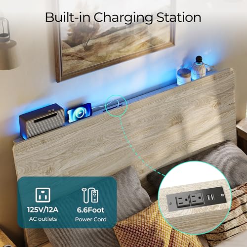 LINSY Ergonomic Queen Bed Frame with RGB Lights, Storage Headboard & Charger - Beige Farmhouse Design LINSY
