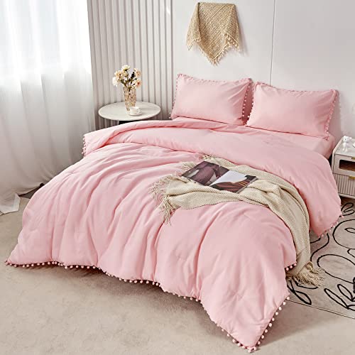 PERFEMET 5 Pcs Pink Pom Pom Comforter Twin Size Aesthetic Boho Pom Fringe Bedding Set with Sheet Ultra Soft Lightweight Farmhouse Bedding Quilt Set for Girls Kids(Pink, Twin) PERFEMET