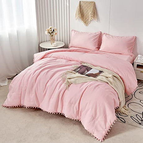 PERFEMET 5 Pcs Pink Pom Pom Comforter Twin Size Aesthetic Boho Pom Fringe Bedding Set with Sheet Ultra Soft Lightweight Farmhouse Bedding Quilt Set for Girls Kids(Pink, Twin) PERFEMET