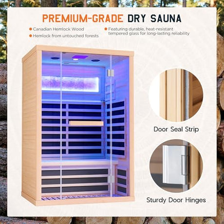 Albott Infrared Sauna 2 Person, Infrared Saunas for Home, Low EMF 110V Hemlock Wood Dry Sauna with Tourmaline Foot Warmer, 7-Color Light Therapy & Salt Crystal Bricks, 47.2"x34.2"x70.9" Albott