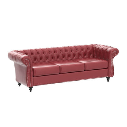 AVZEAR Leather Sofa 3 Seater Couch, Large Sofa Furniture Roll Arm Classic Tufted Chesterfield Settee Leather Sofa with Channel Tufted Seat Back for Living Room, Claret