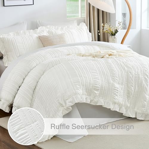 WONGS BEDDING White Comforter Set King,7 Pieces Ruffle Comforter Set with Sheets,Textured Bed in a Bag for King Bed 104"×90" WONGS BEDDING