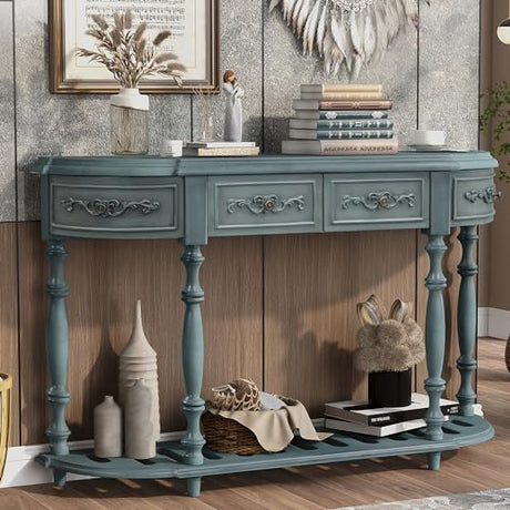 Amposei Retro Wood Curved Console Table 52-Inch Half Moon Hall Sofa Table Entryway Table with Drawers & Shelf for Living Room Home Furniture (Antique Blue) Amposei