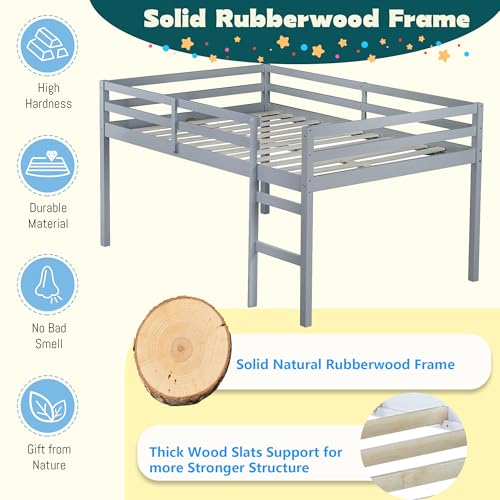Mirightone Low Loft Bed Twin Size, Wood Junior Loft Bed Frame with Ladder for Kids Girls Boys Teens, Solid Rubberwood, Gray Mirightone