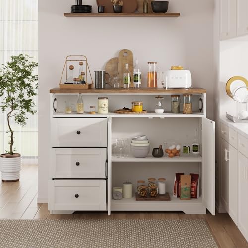 47" Antique White Storage Cabinet with Doors & Drawers, Farmhouse Sideboard Buffet Cabinet with Storage, Kitchen Pantry Hutch Cabinet, Coffee Bar Station Table for Kitchen, Livingroom, Dining Room FiveWillowise