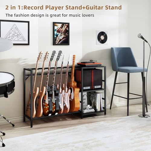 ZHNSYDN Record Player Stand with Guitar Stand, Record Player Table with Guitar Rack, Guitar Holder 7 Space for Multiple Guitars, Bass, Acoustic, Guitar Display for Home Music Studio, Black ZHNSYDN