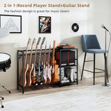 ZHNSYDN Record Player Stand with Guitar Stand, Record Player Table with Guitar Rack, Guitar Holder 7 Space for Multiple Guitars, Bass, Acoustic, Guitar Display for Home Music Studio, Black ZHNSYDN