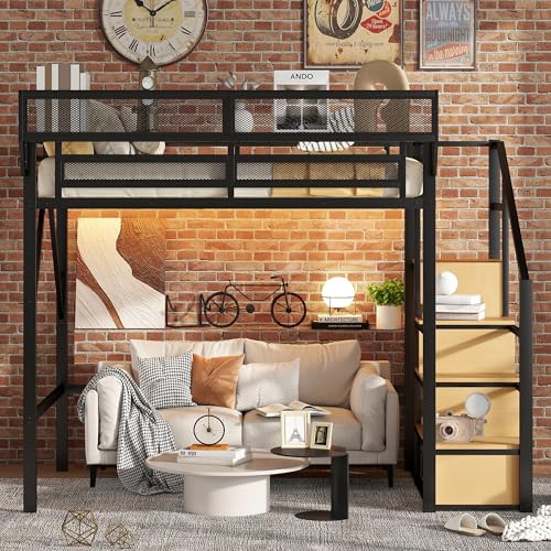 Mirightone Metal Full Size Loft Bed with Stairs,Heavy Duty High Loft Bed Full with Storage Upper Shelf and Wardrobe for Adults Teens, No Box Spring Needed, No Noise, Black Mirightone