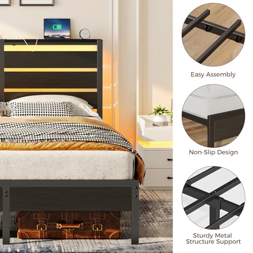 Rolanstar Bed Frame King Size with USB Charging Station, LED Bed Frame with Wood Storage Headboard, Black Metal Platform Bed with Under Bed Storage, No Box Spring Needed, Noise Free Rolanstar