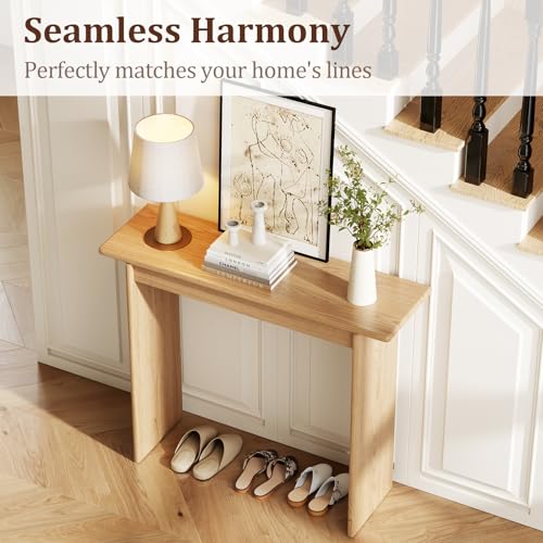 AQIMUELE Natural Console Table Thin Rubberwood Minimalist Mid-Century Style | Stable and Sturdy 11.8" D x 39.4" W x 31.5" H for Entryway/Sofa Back AQIMUELE