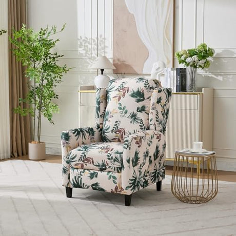 KISSLIVE Push Back Recliner Chair with High Back, Blue Floral Print Fabric Upholstery, Classic Wing Back Design, 250 LBS Capacity (Beige) KISSLIVE