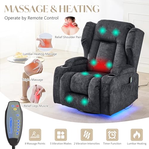 Power Swivel Rocker Recliner Chair for Adults, Dual-Motor Power Recliner with Independent Back & Footrest, Massage & Heat, 3-Sided Lights, USB, Cup Holder, Glider Rocking Chair for Living Room, Gray