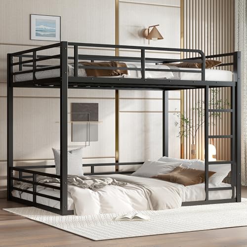 Full Over Full Bunk Bed Frame with Noise Reduced Design, Heavy Buty Floor Bunk Bed with Build in Ladder for Kids, Teens, No Box Spring Needed, Not Include Mattress Bellemave