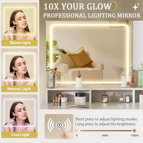 COMHOMA Vanity Desk with Mirror and Lights, Makeup Vanity Table with 4 Drawers & Storage Shelves, Large HD Mirror, 3 Color Modes & Adjustable Brightness, Modern Dressing Table for Bedroom, White/Gold COMHOMA