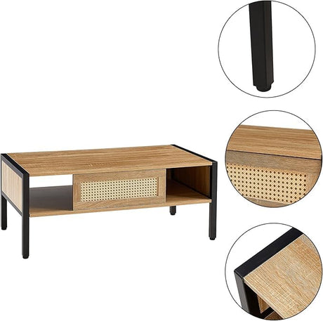 YOUGUO Boho Coffee Table for Living Room, 40.16" Rattan Coffee Table with Sliding Doors & Metal Legs, Mid-Century Center Table for Small Space, Natural YOUGUO