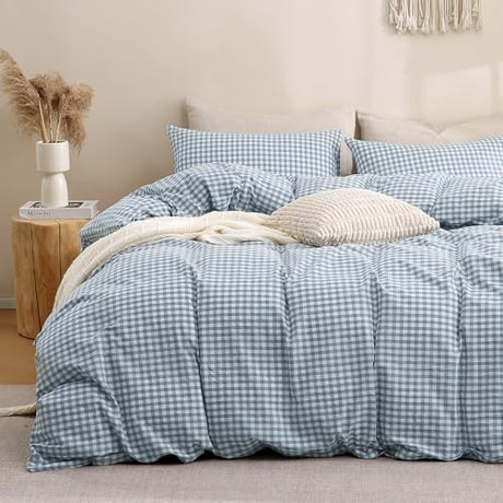 TOCOMOA Blue Gingham Duvet Cover Bedding Set 100% Washed Cotton Like Linen Feel Super Soft Comfortable 3 Piece Vintage Plaid Checkered Comforter Cover Set (Full 80"x90", Comforter Not Included) TOCOMOA