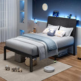 Feonase Twin Bed Frame with Ergonomic Storage Headboard & Charging Station, LED Platform Bed Frame, Heavy Duty Metal Slats, No Box Spring Needed, Easy Assembly, Black Feonase