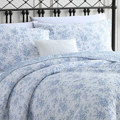 Laura Ashley - King Quilt Set, Soft & Reversible Cotton Floral Bedding with a Medium Weight Feel, 3 Piece Bed Set with Matching Pillowcases (Walled Garden Blue) Laura Ashley