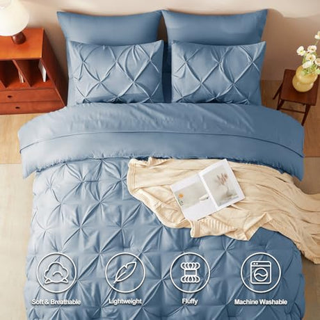 CozyLux King Size Comforter Set Grayish Blue, 7 Pieces Pintuck Bed in A Bag Blue Comforter King Size, Pinch Pleat Bedding Set with All Season Comforter, Sheets, Pillowcases & Shams CozyLux