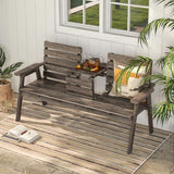 Tangkula Outdoor Fir Wood Bench with Foldable Middle Table, 2-3 Person Garden Bench with Backrest and Armrests, Slatted Seat Bench for Porch, Patio, Backyard, 710lb Weight Capacity (Coffee) Tangkula