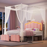 Full Velvet Upholstered LED Canopy Bed Frame with 2 Storage Drawers and Charging Station, Crown Headboard with Bookshelf, Two-Use Princess Platform Bed with 4 Removable Posts,Metal Slats Support-Pink Jocoevol